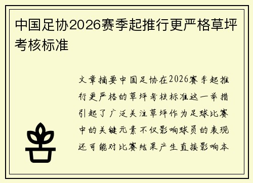 中国足协2026赛季起推行更严格草坪考核标准